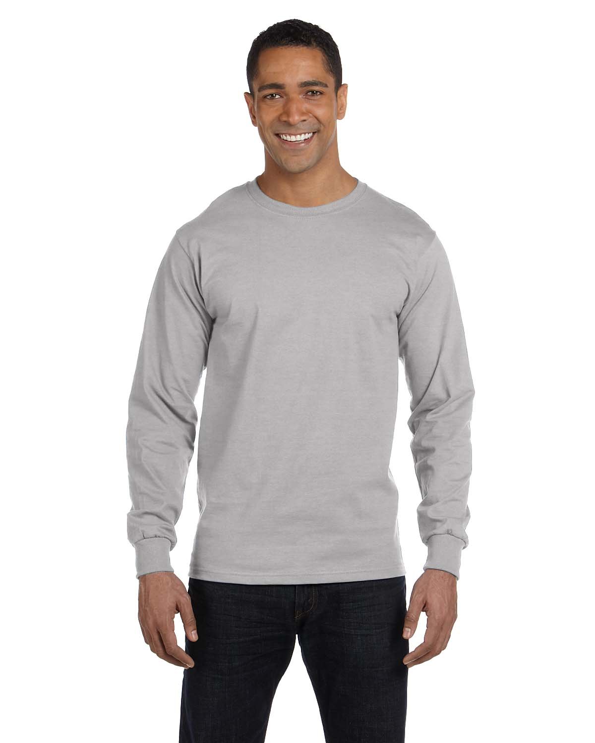 Men's Essentials Long Sleeve T-Shirt Pack, Crewneck Cotton Tees, Light Steel, 4-Pack