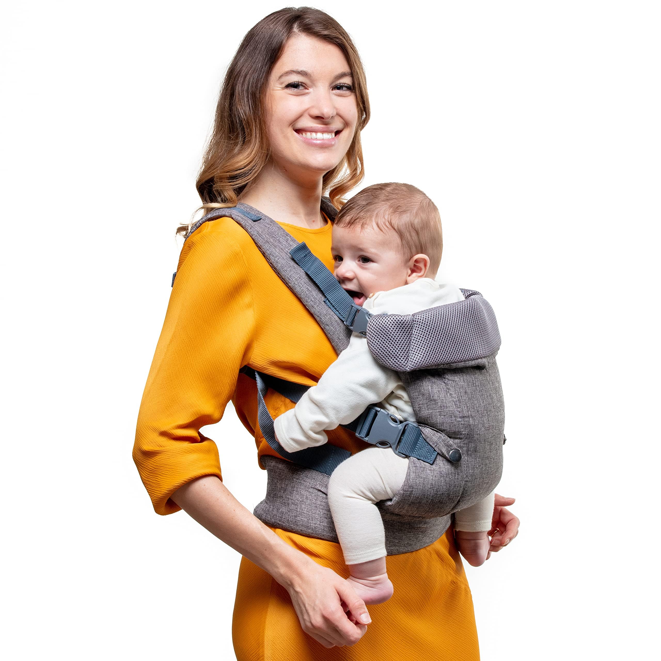 4-in-1 Baby Carrier Newborn to Toddler - All Positions Baby Chest Carrier - Front and Back Carry Baby Carriers - Includes 2-in-1 Bandana Bib - Baby Holder Carrier for 8-32 lbs (Grey Mesh)