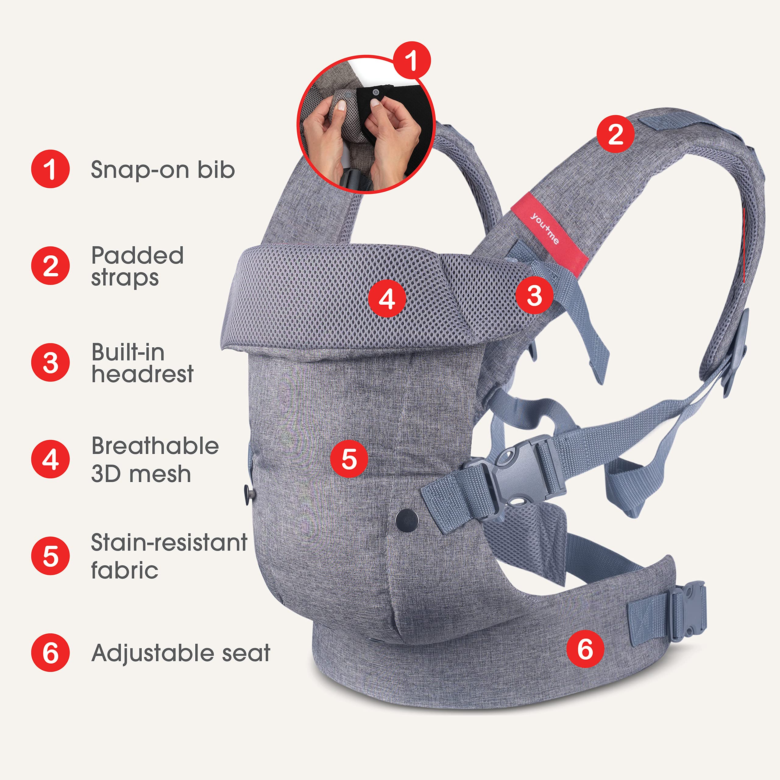 4-in-1 Baby Carrier Newborn to Toddler - All Positions Baby Chest Carrier - Front and Back Carry Baby Carriers - Includes 2-in-1 Bandana Bib - Baby Holder Carrier for 8-32 lbs (Grey Mesh)