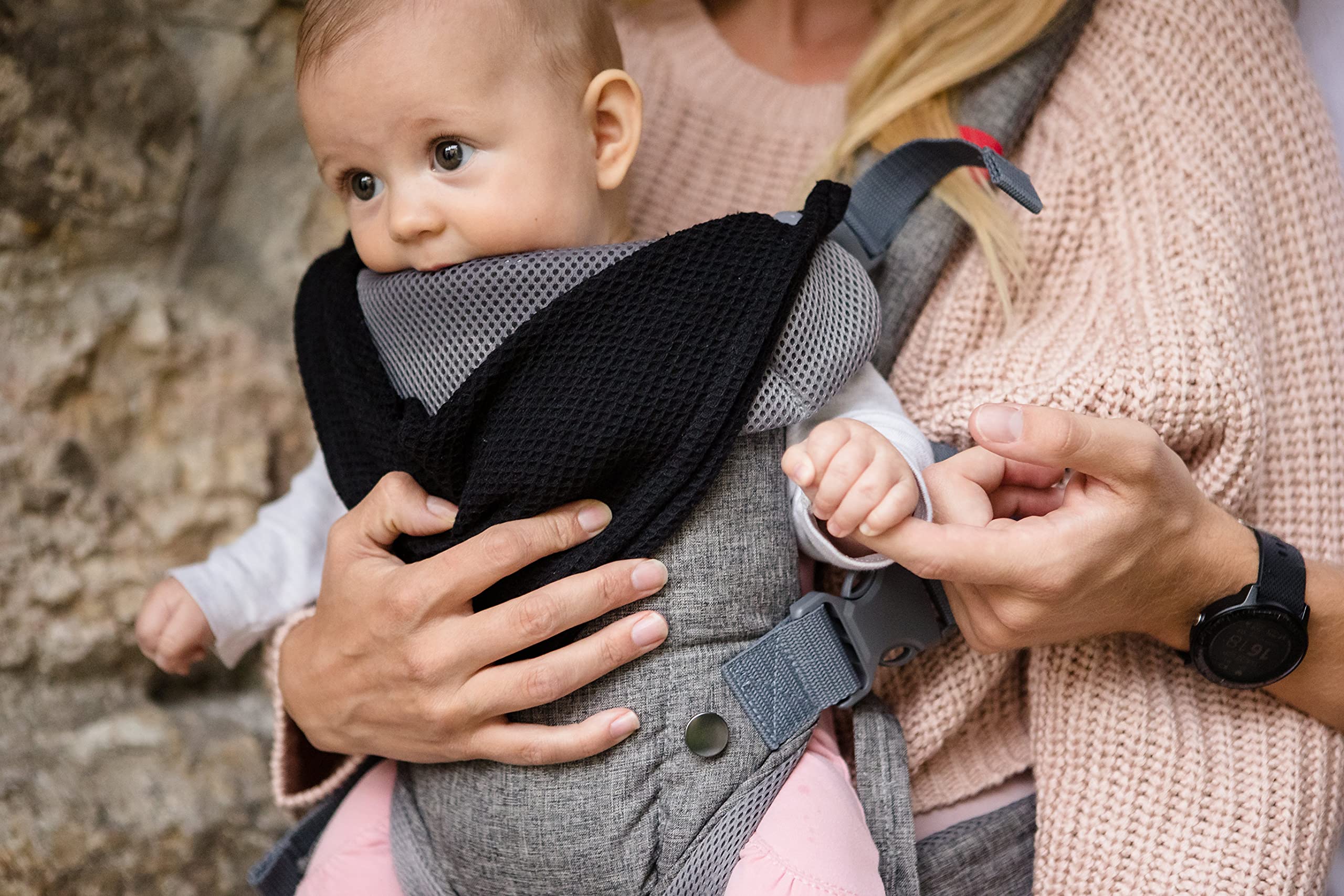 4-in-1 Baby Carrier Newborn to Toddler - All Positions Baby Chest Carrier - Front and Back Carry Baby Carriers - Includes 2-in-1 Bandana Bib - Baby Holder Carrier for 8-32 lbs (Grey Mesh)