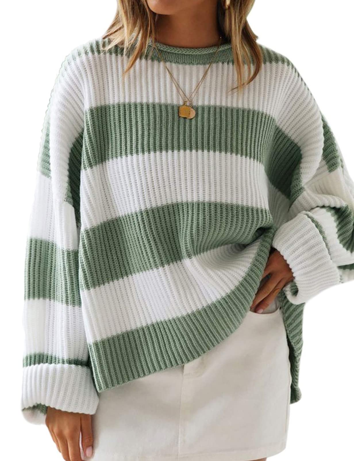 Women's Long Sleeve Crew Neck Striped Color Block Comfy Loose Oversized Knitted Pullover Sweater