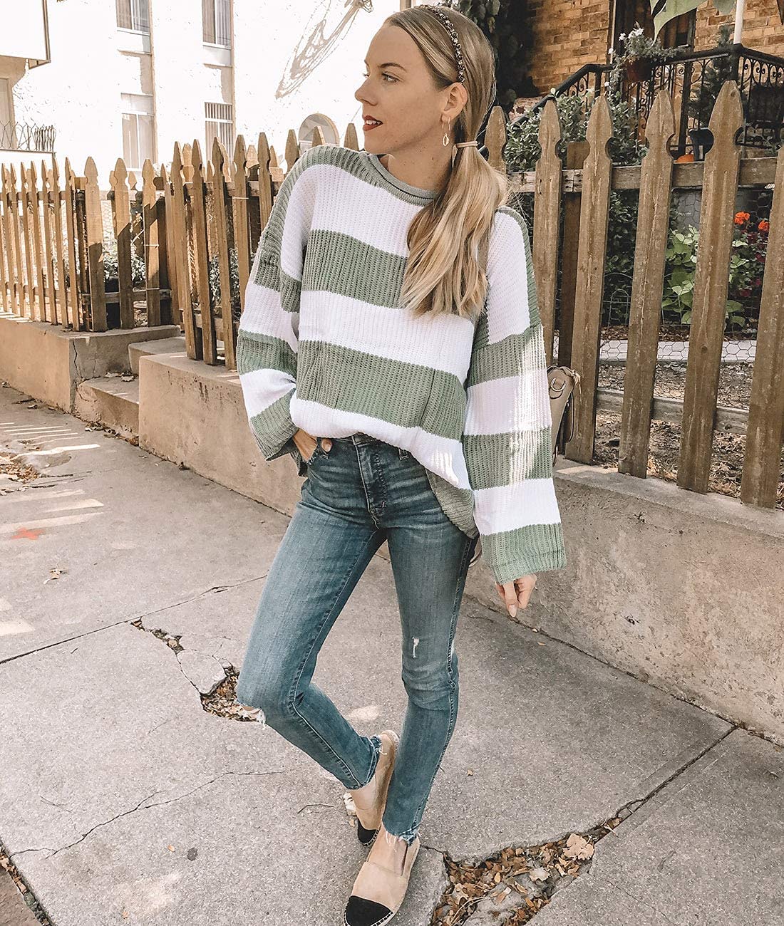 Women's Long Sleeve Crew Neck Striped Color Block Comfy Loose Oversized Knitted Pullover Sweater