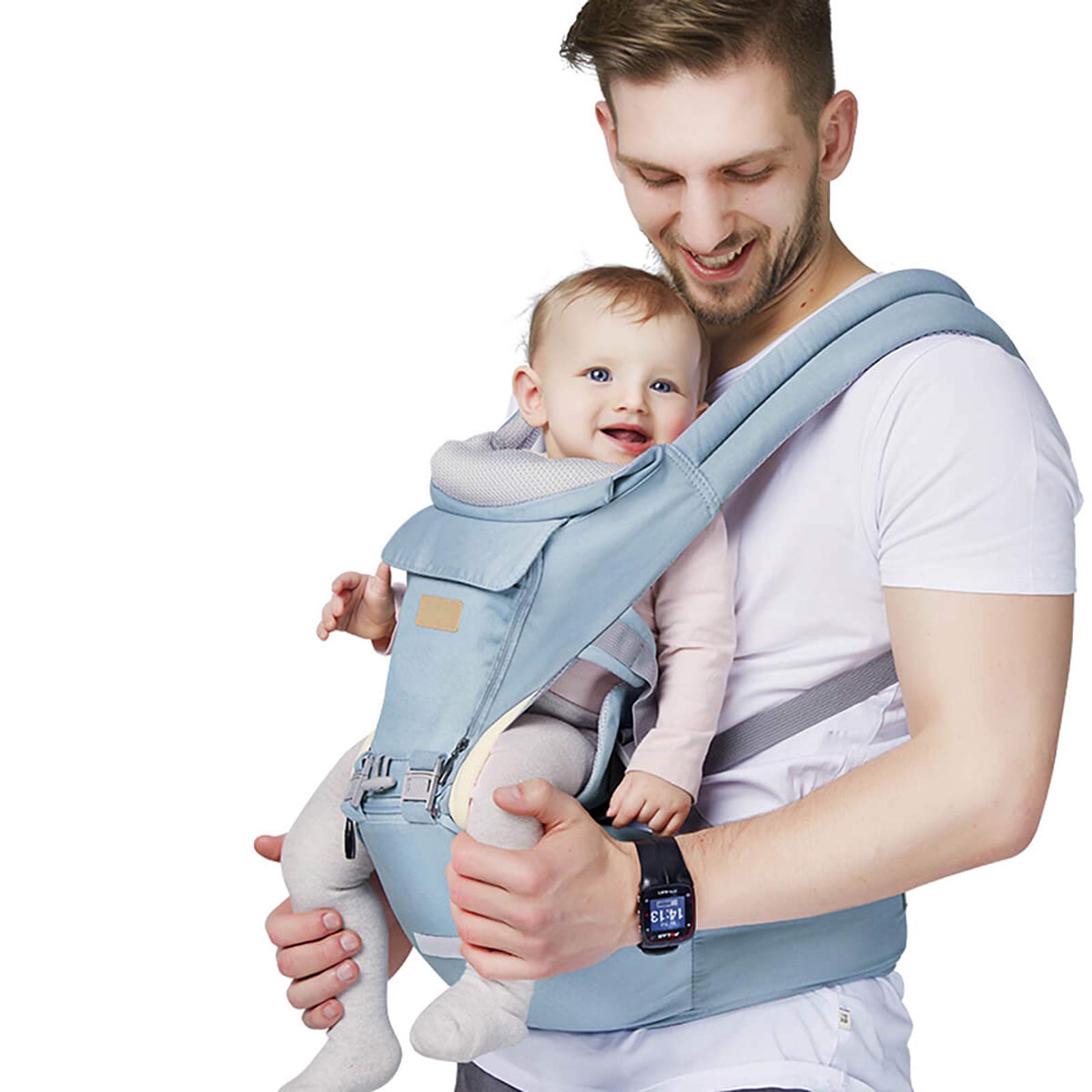 6-in-1 Baby Carrier with Waist Stool/Hip Seat for Breastfeeding, One Size Fits All - Adapt to Newborn, Infant & Toddler (Blue) - Click Image to Close