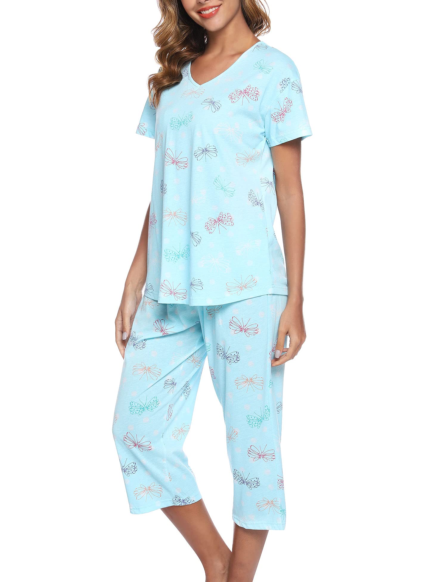 Women's Sleepwear Tops with Capri Pants Pajama Sets Cotton Pj Set Loungewear - Click Image to Close