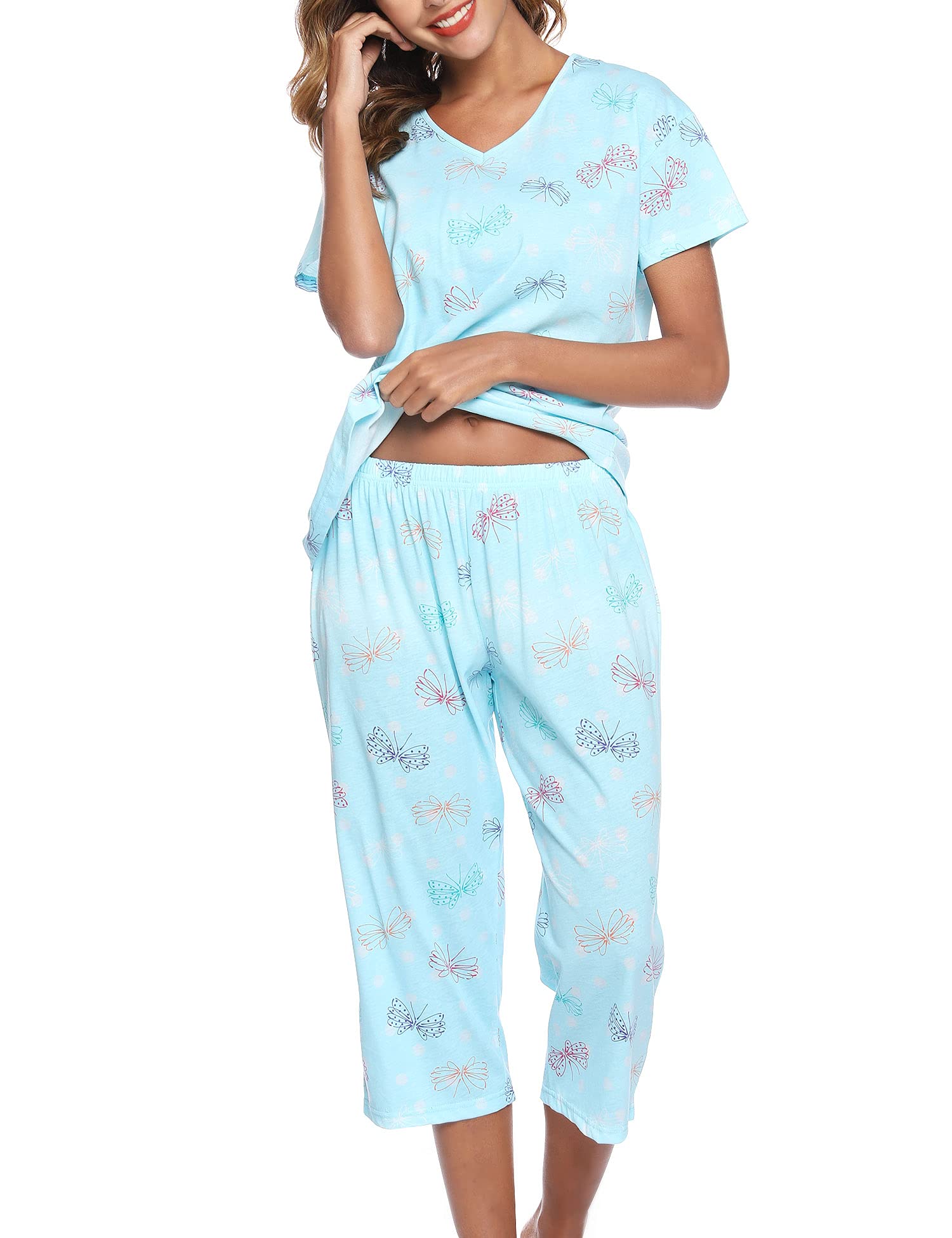 Women's Sleepwear Tops with Capri Pants Pajama Sets Cotton Pj Set Loungewear