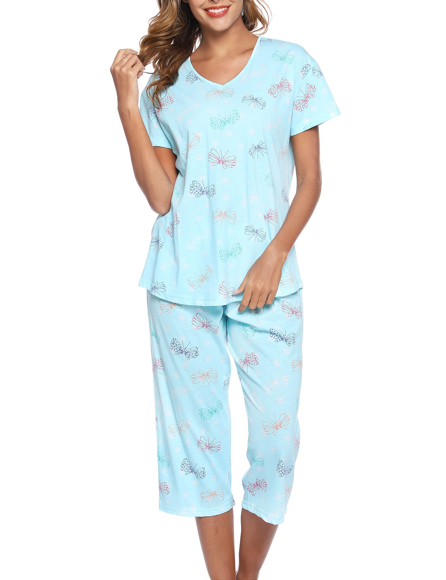 Women's Sleepwear Tops with Capri Pants Pajama Sets Cotton Pj Set Loungewear