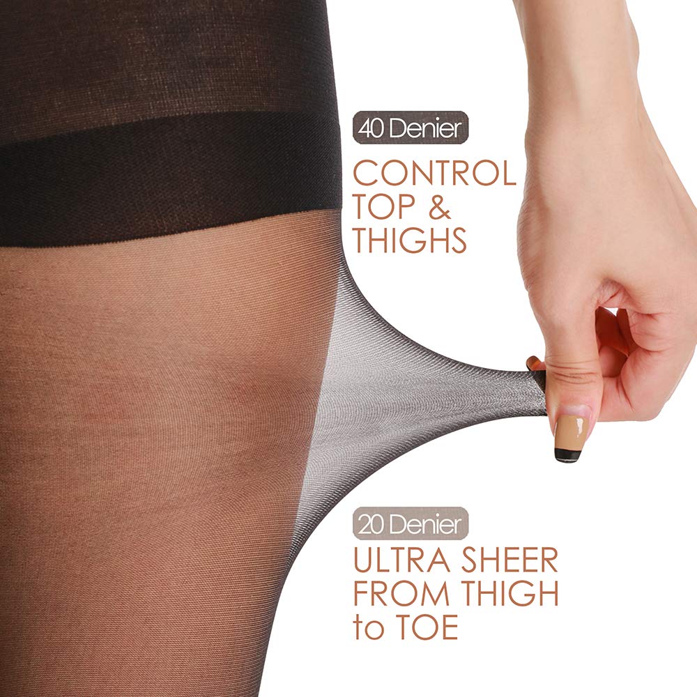 3 Pairs Women's Sheer Tights - 20D Control Top Pantyhose with Reinforced Toes