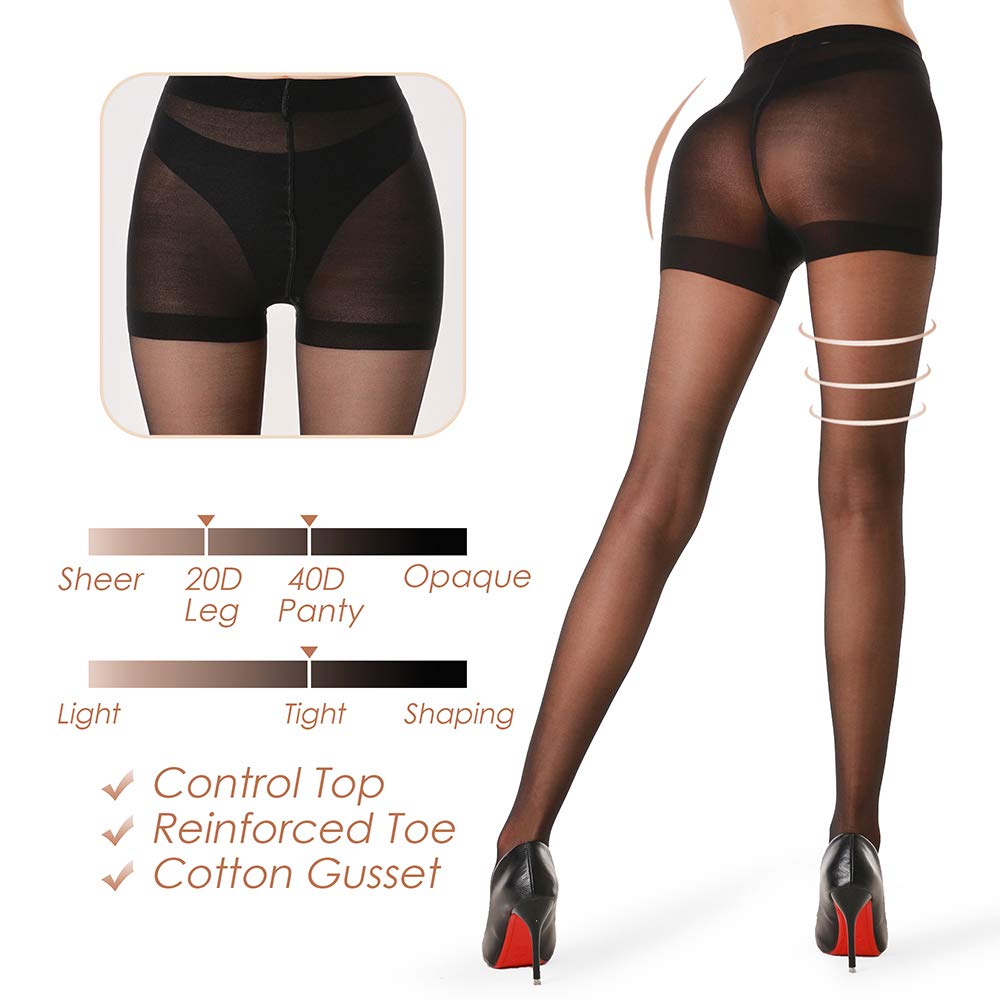 3 Pairs Women's Sheer Tights - 20D Control Top Pantyhose with Reinforced Toes