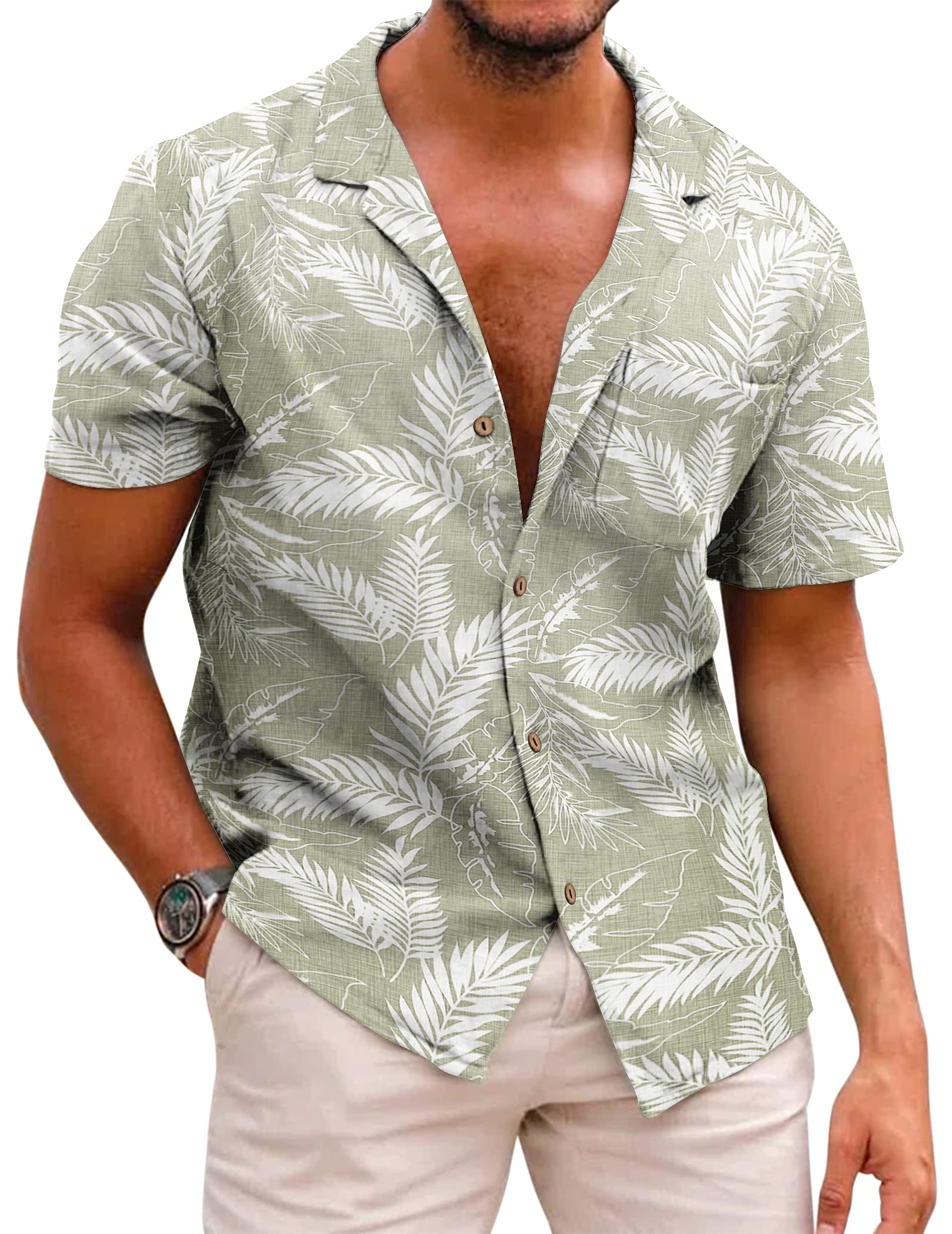 Men's Hawaiian Floral Cotton Linen Button Down Tropical Holiday Beach Shirts A- Light Brown