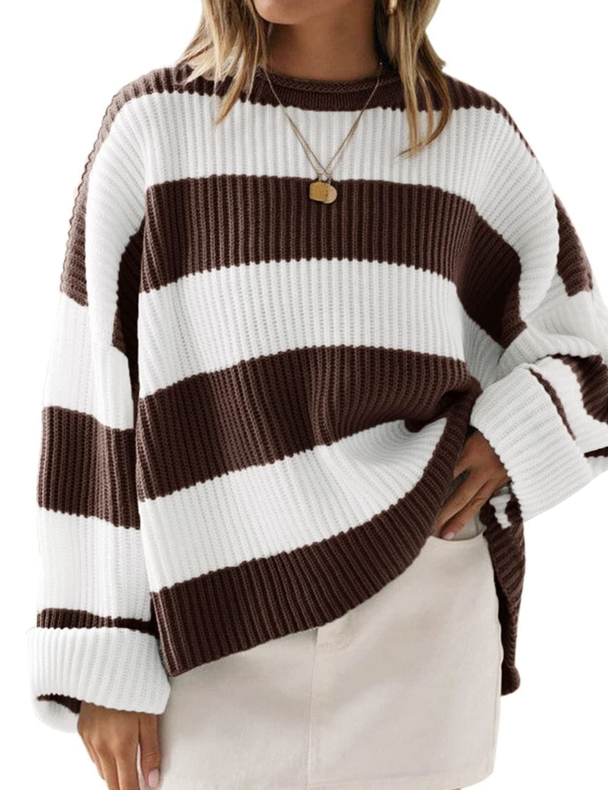 Women's Long Sleeve Crew Neck Striped Color Block Comfy Loose Oversized Knitted Pullover Sweater Coffee - Click Image to Close