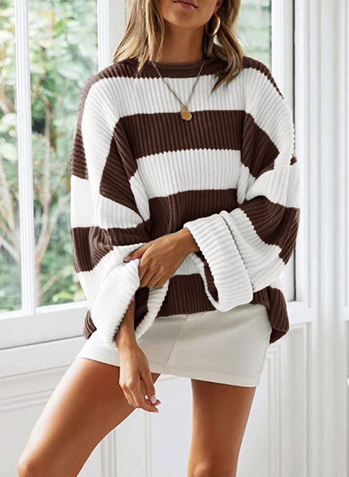 Women's Long Sleeve Crew Neck Striped Color Block Comfy Loose Oversized Knitted Pullover Sweater Coffee