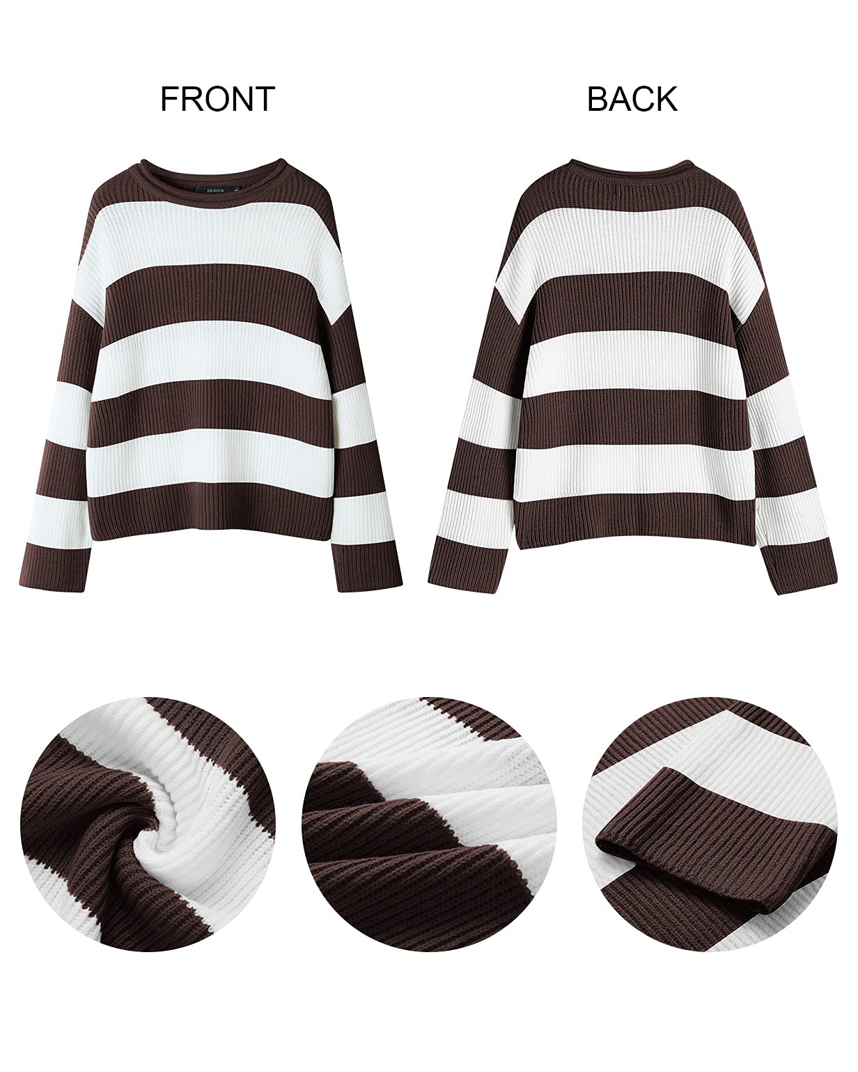 Women's Long Sleeve Crew Neck Striped Color Block Comfy Loose Oversized Knitted Pullover Sweater Coffee