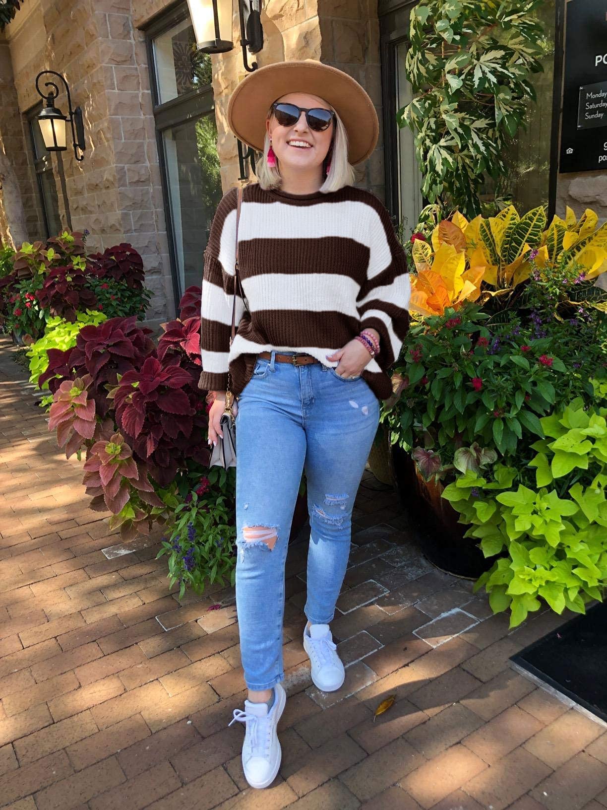 Women's Long Sleeve Crew Neck Striped Color Block Comfy Loose Oversized Knitted Pullover Sweater Coffee