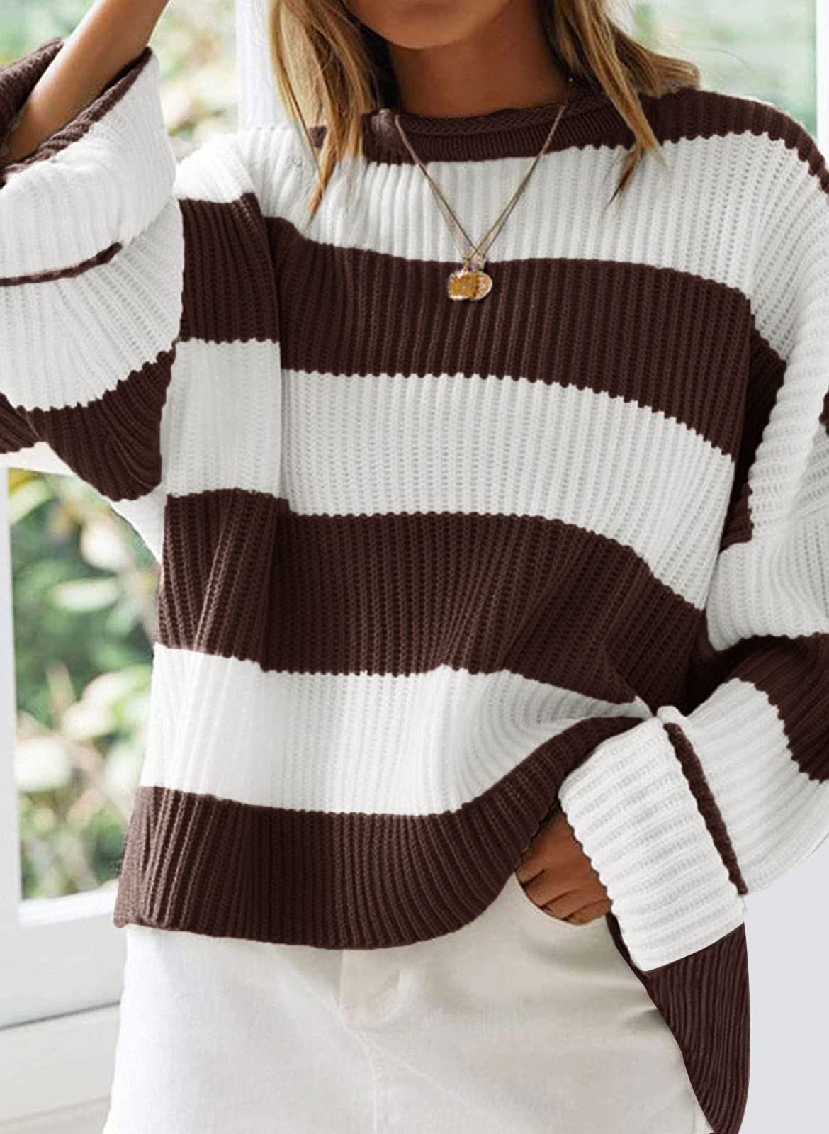 Women's Long Sleeve Crew Neck Striped Color Block Comfy Loose Oversized Knitted Pullover Sweater Coffee