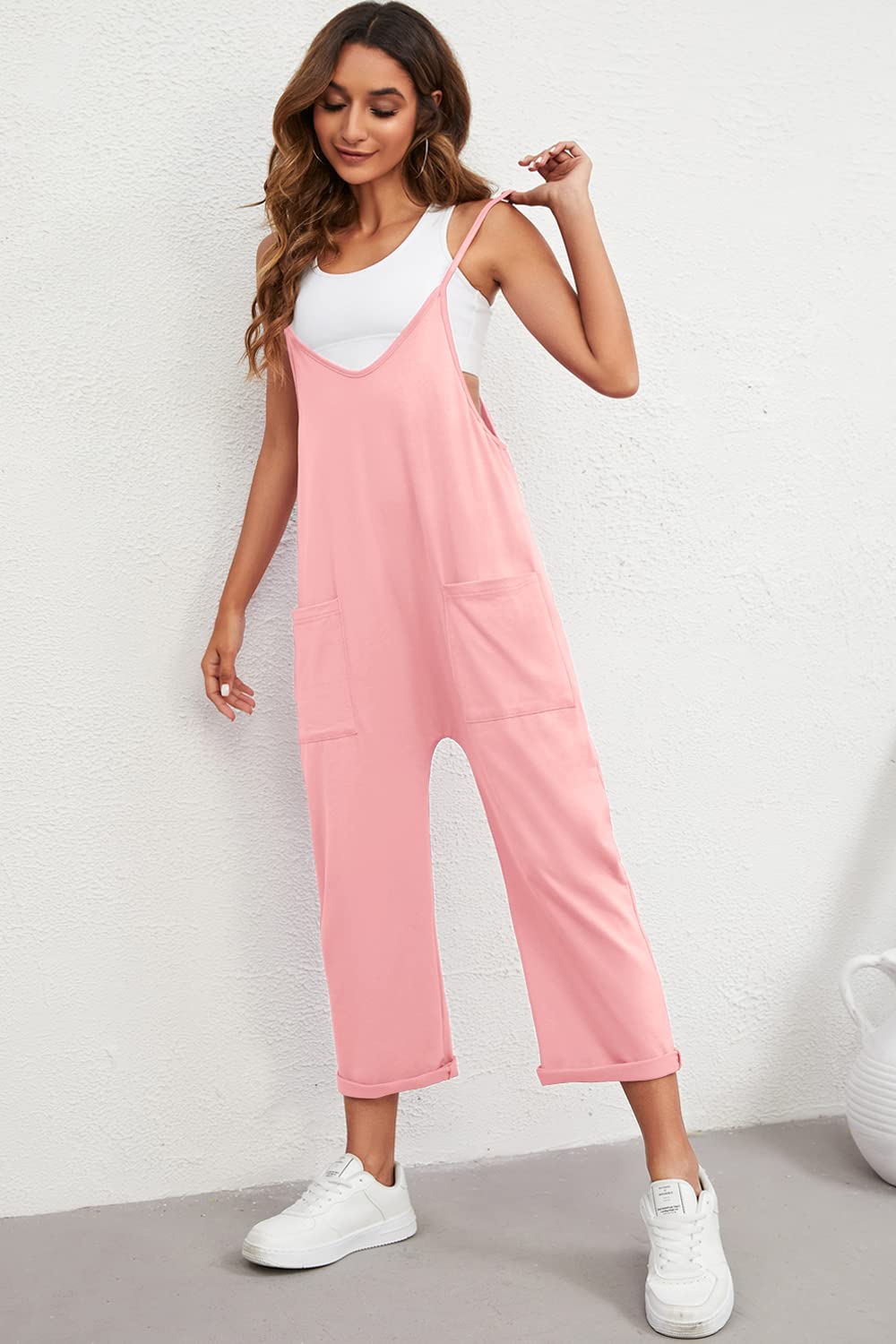 Womens Oversized Sleeveless Jumpsuits Spaghetti Strap Loose Overalls with Pocket One Piece Rompers