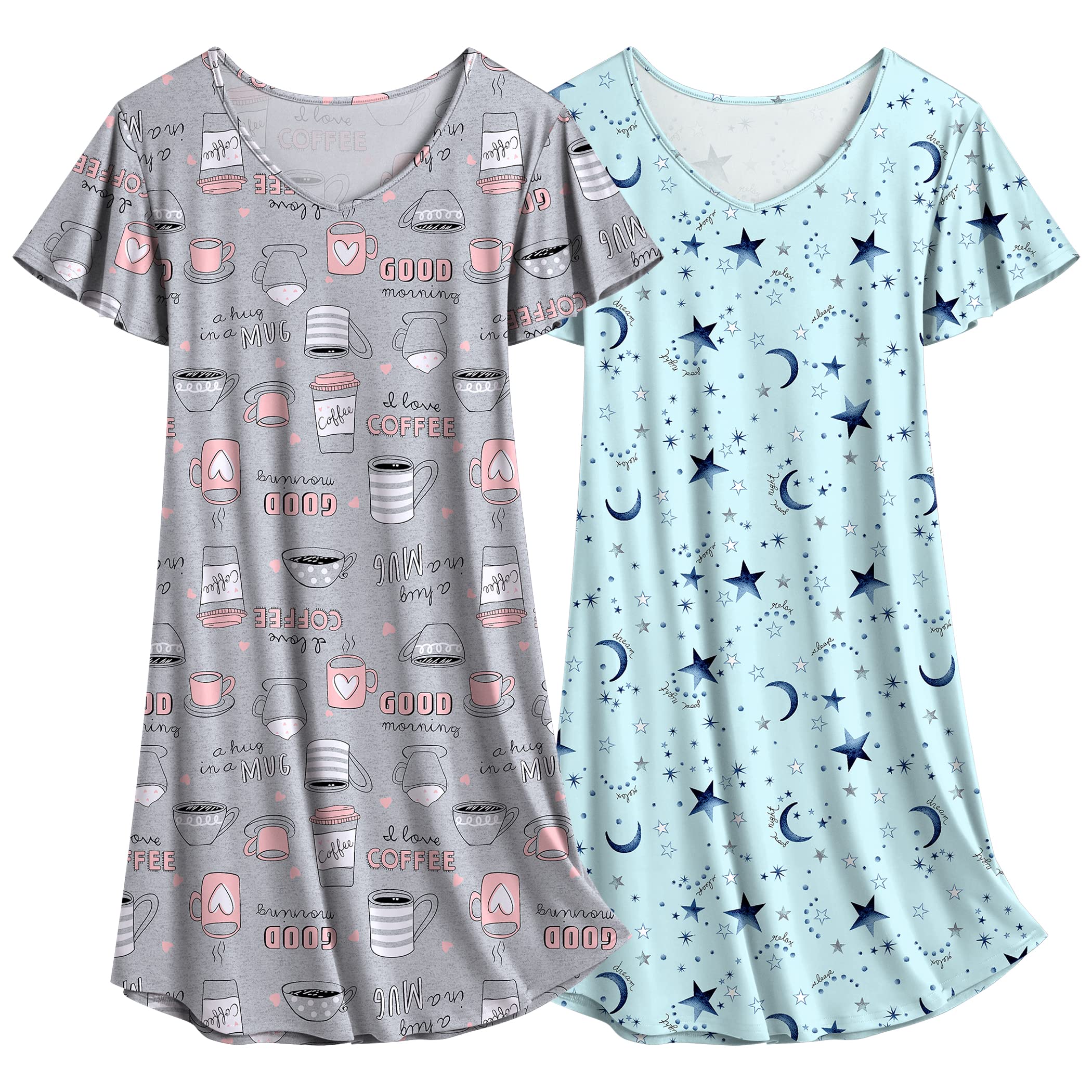 2 Pack Nightgowns for Women Flare Short Sleeve Sleepshirt V Neck Sleepwear Plain/Floral Print Pajama Dress