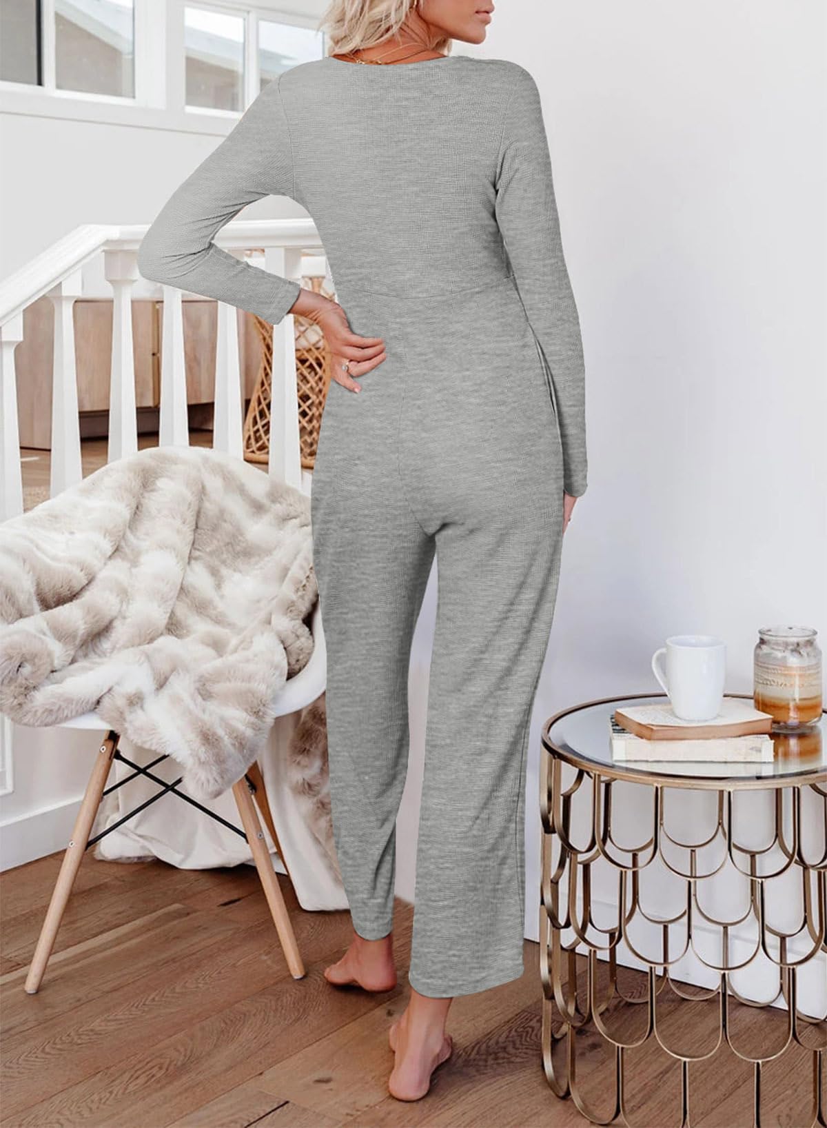 Women's Jumpsuits Long Sleeve Front Button Waffle Knit Jumpers Casual Wide Leg Long Pants Romper with Pockets