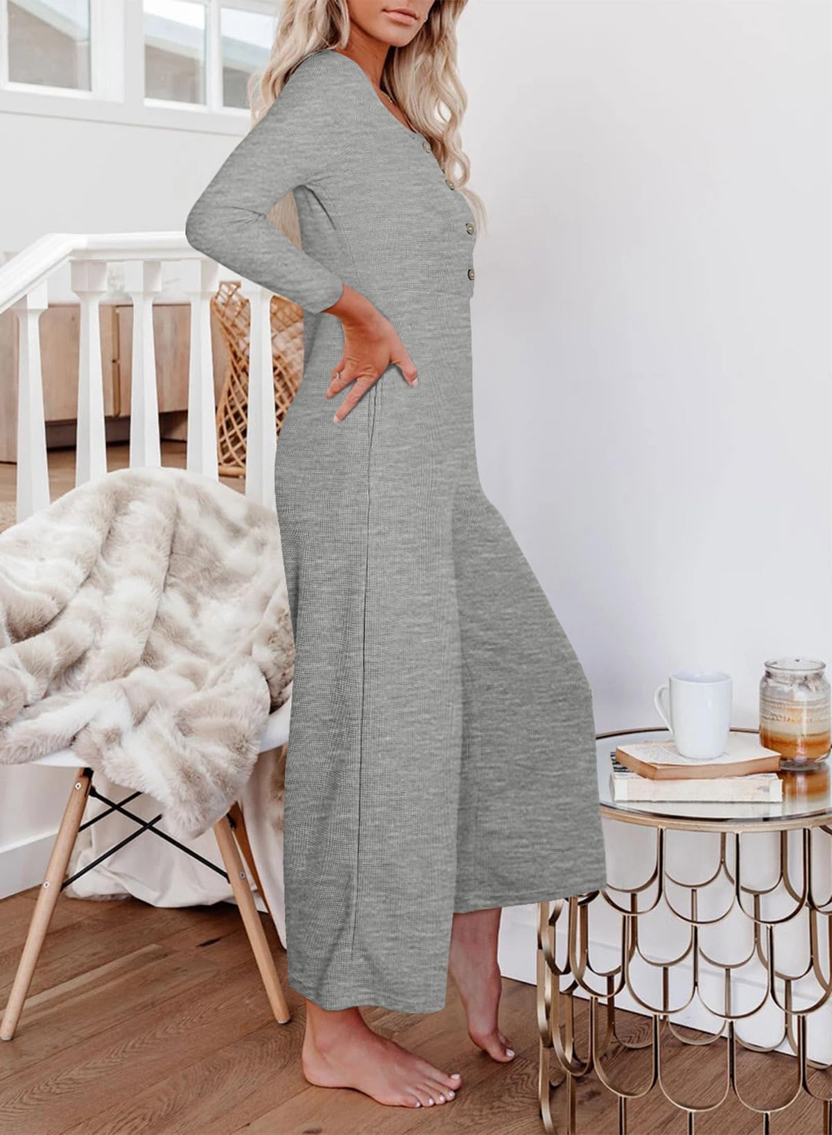 Women's Jumpsuits Long Sleeve Front Button Waffle Knit Jumpers Casual Wide Leg Long Pants Romper with Pockets