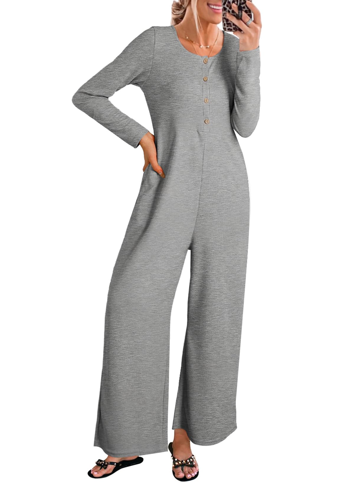 Women's Jumpsuits Long Sleeve Front Button Waffle Knit Jumpers Casual Wide Leg Long Pants Romper with Pockets