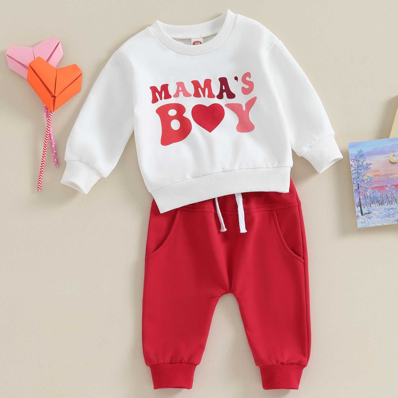 Infant Baby Boy Clothes Set Mama's Boy Heart Shirts Crewneck Sweatshirt Red Jogger Pants Valentine's Day Outfit