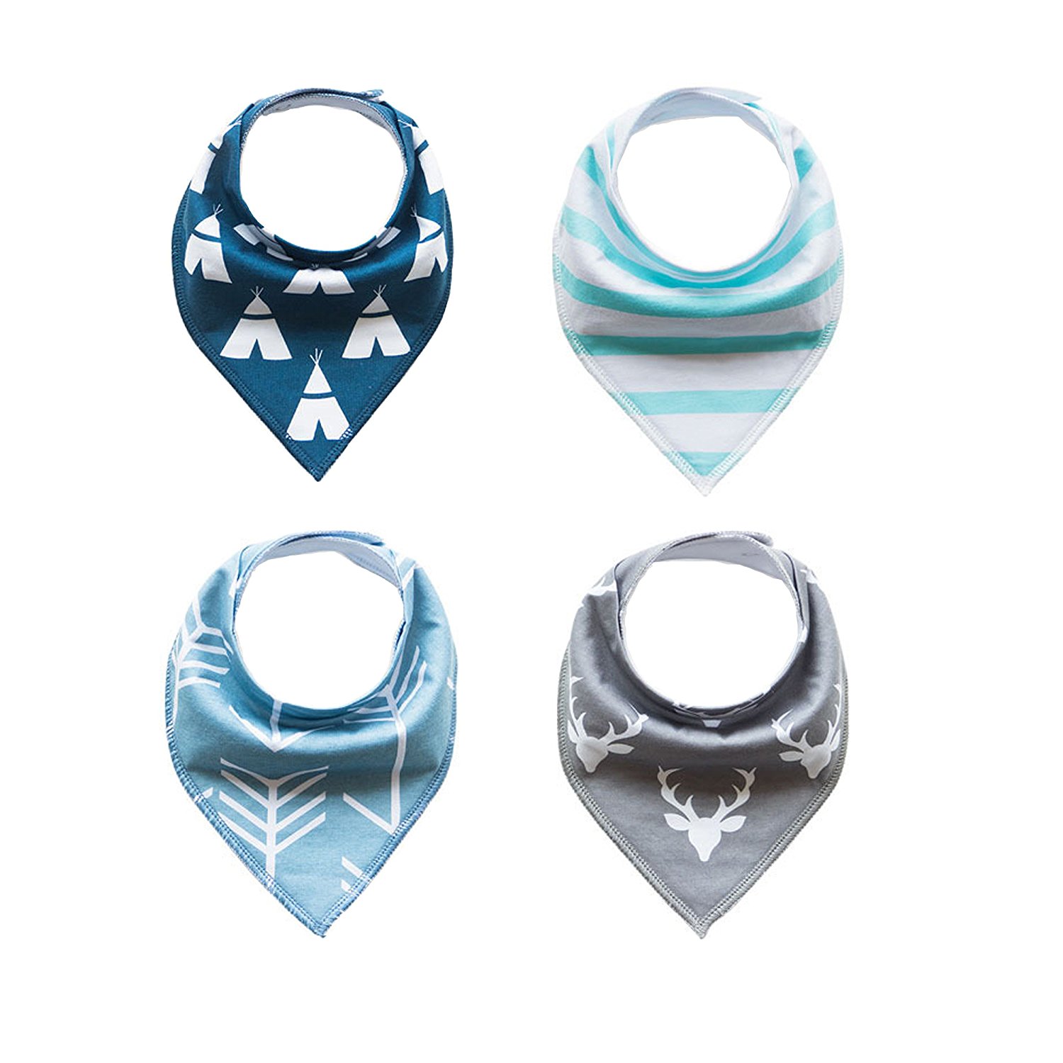 4PCS Baby Bandana Drool Bibs with Snaps, Unisex 4-Pack Set, for Drooling and Teething Babies, Soft, Absorbent & Hypoallergenic, by (Tower/Arrow/Deer/Strip - 4PCS)